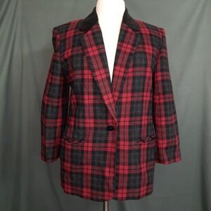 VTG Red Plaid Wool Blazer Black Velvet Collar Womens 14 Dark Academia Preppy 90s